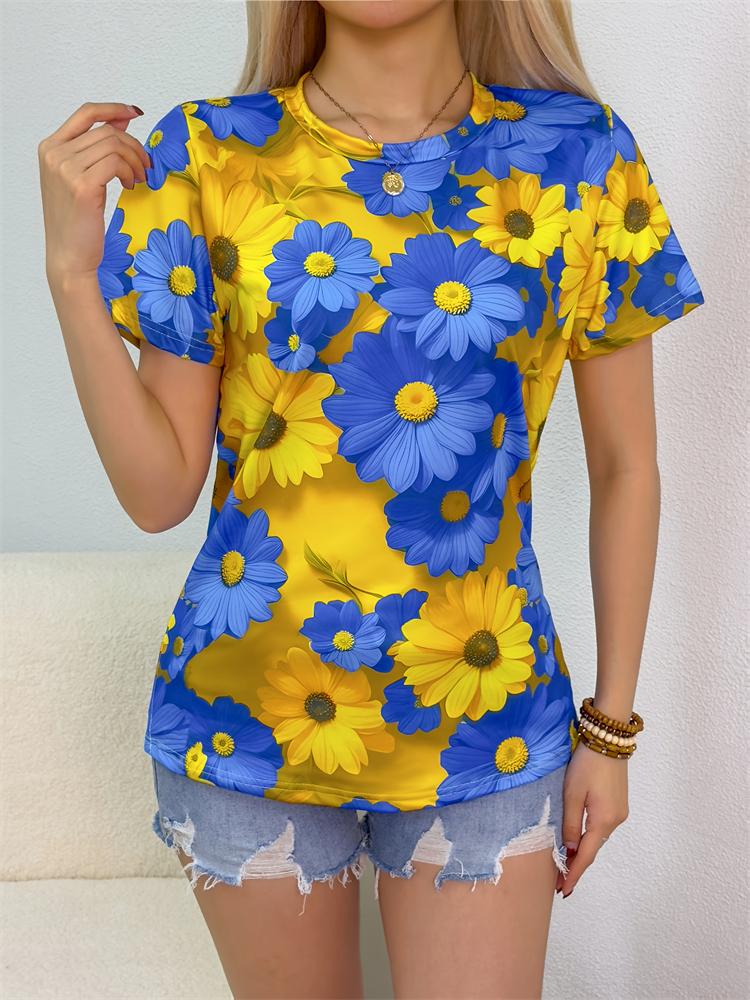 New casual women's short-sleeved blouse, floral print round neck blouse, fashion short-sleeved T-shirt, women's clothing
