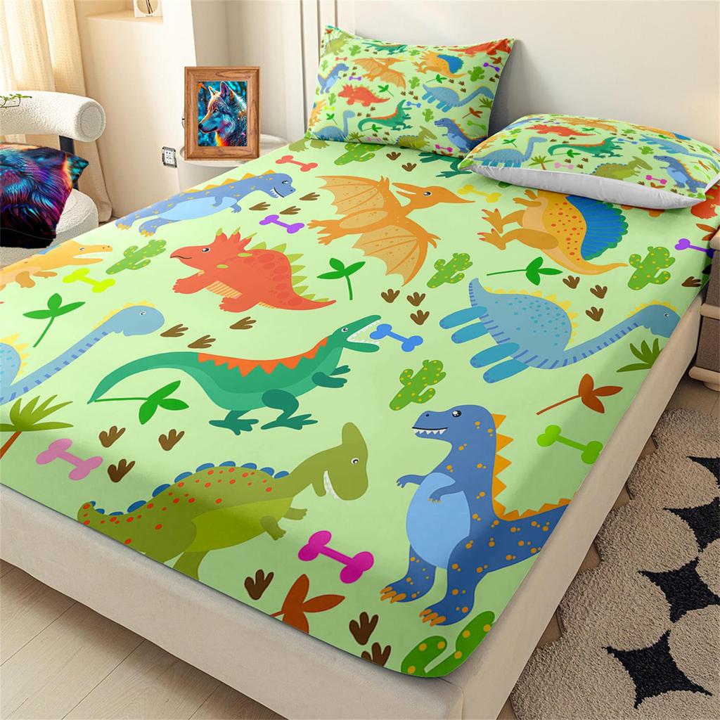 Cartoon Little Dinosaur Pattern Bed Hat Four-Piece Bedding Set Bedroom Dormitory Bedding Decoration