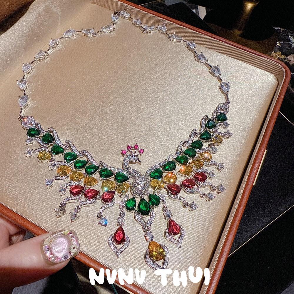 Schmuck, Hof Bunte Phönixfarbene Fransen Edelstein Halskette, Bankett Haute Couture Flügel Wassertropfen Ohrringe Set