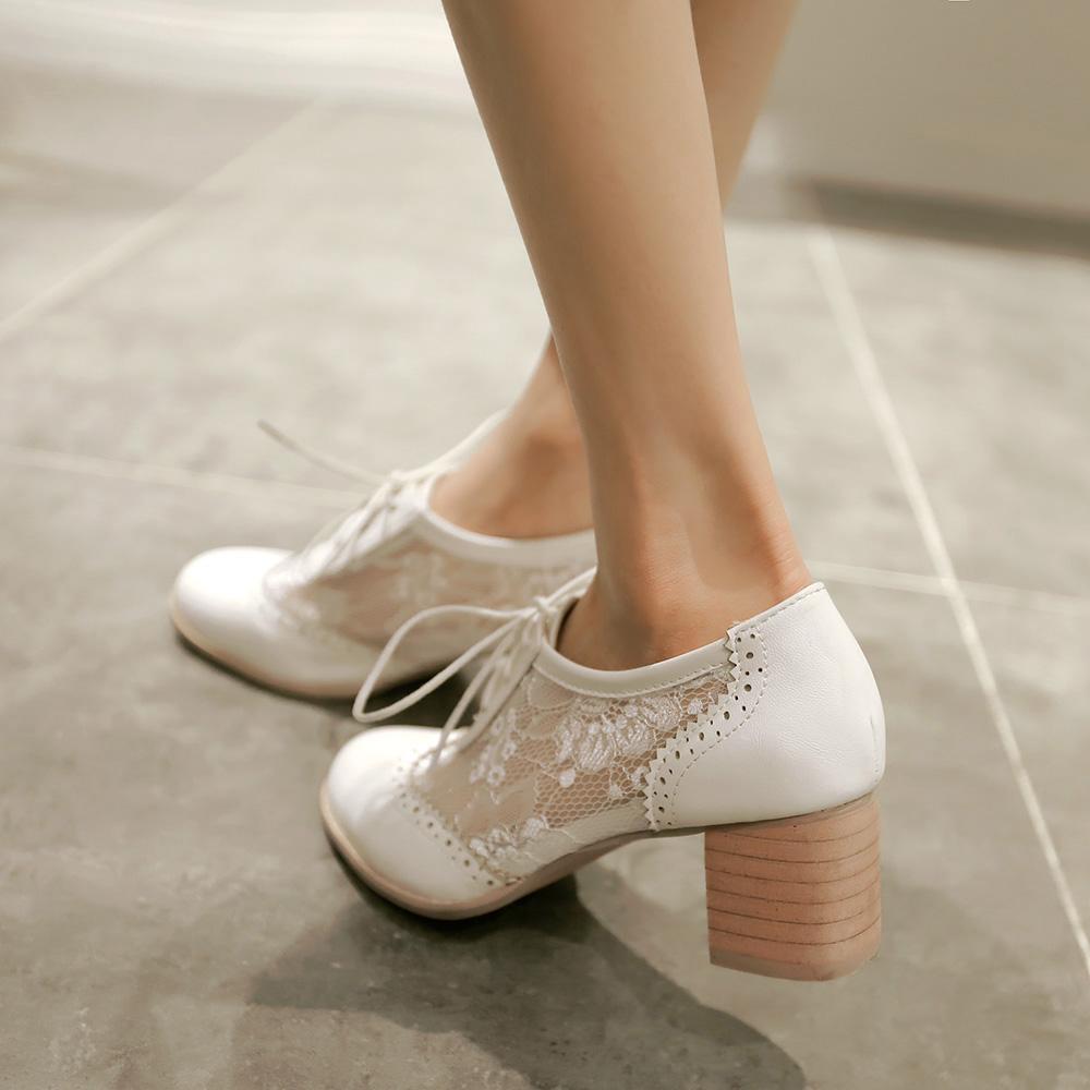 Fashion 2025 New Women Lace Mesh Breathable Pumps Shallow Brogue Shoes Ladies Vintage Oxford Shoes Lace-Up Chunky High Heels Female34-43