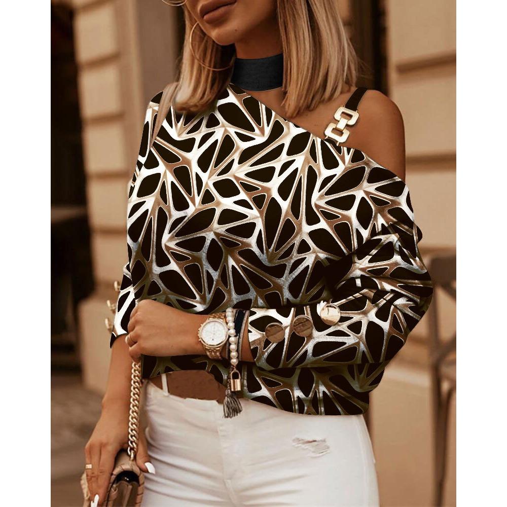 HNXC Autumn and Winter Long-sleeved Chain-hung Neck with Printed Button Decoration Top for Women