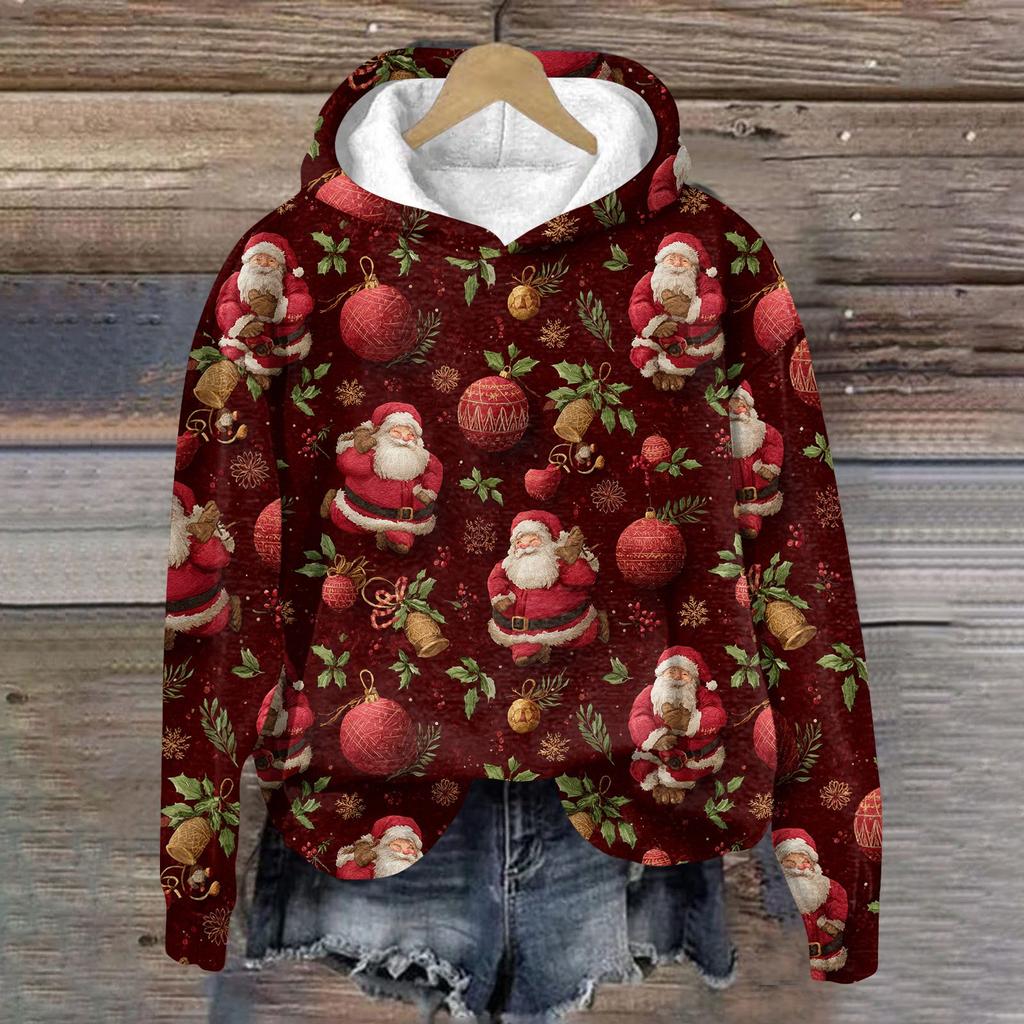 Women's Fashion Long Sleeve Christmas Print Loose Hooded Sweatshirt Top