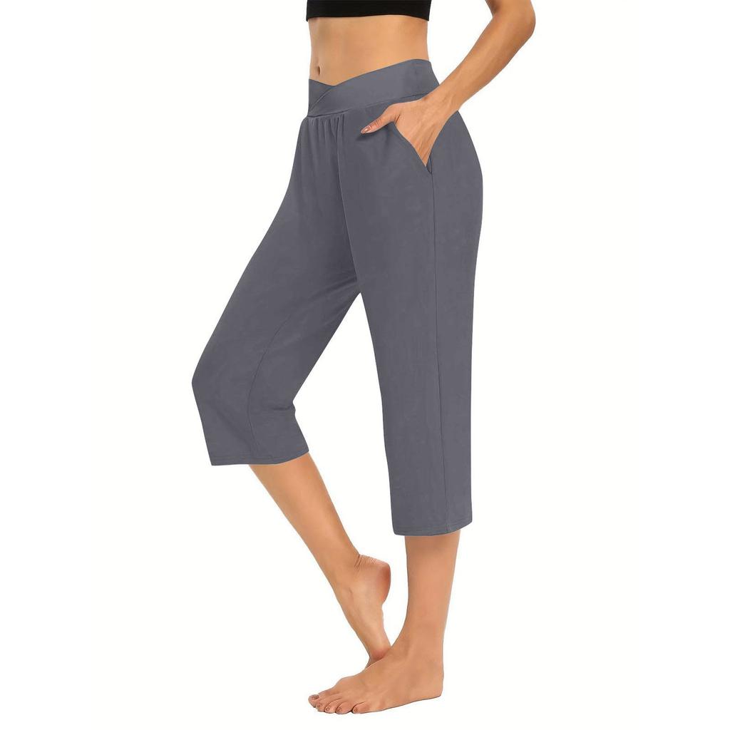 Damen Elastische 3/4-Hose mit hoher Taille, lässige Active Fit-Caprihose mit weitem Bein und Taschen