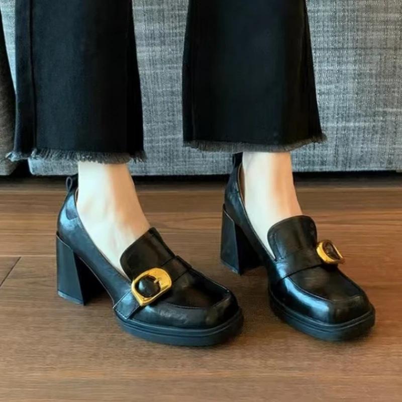 

Туфли на высоком каблуке с квадратным носком Женские массивные летние лоферы Элегантный новый тренд 2025 Сандалии Женские Вечеринка Пряжка Туфли Mujer 35 чёрный