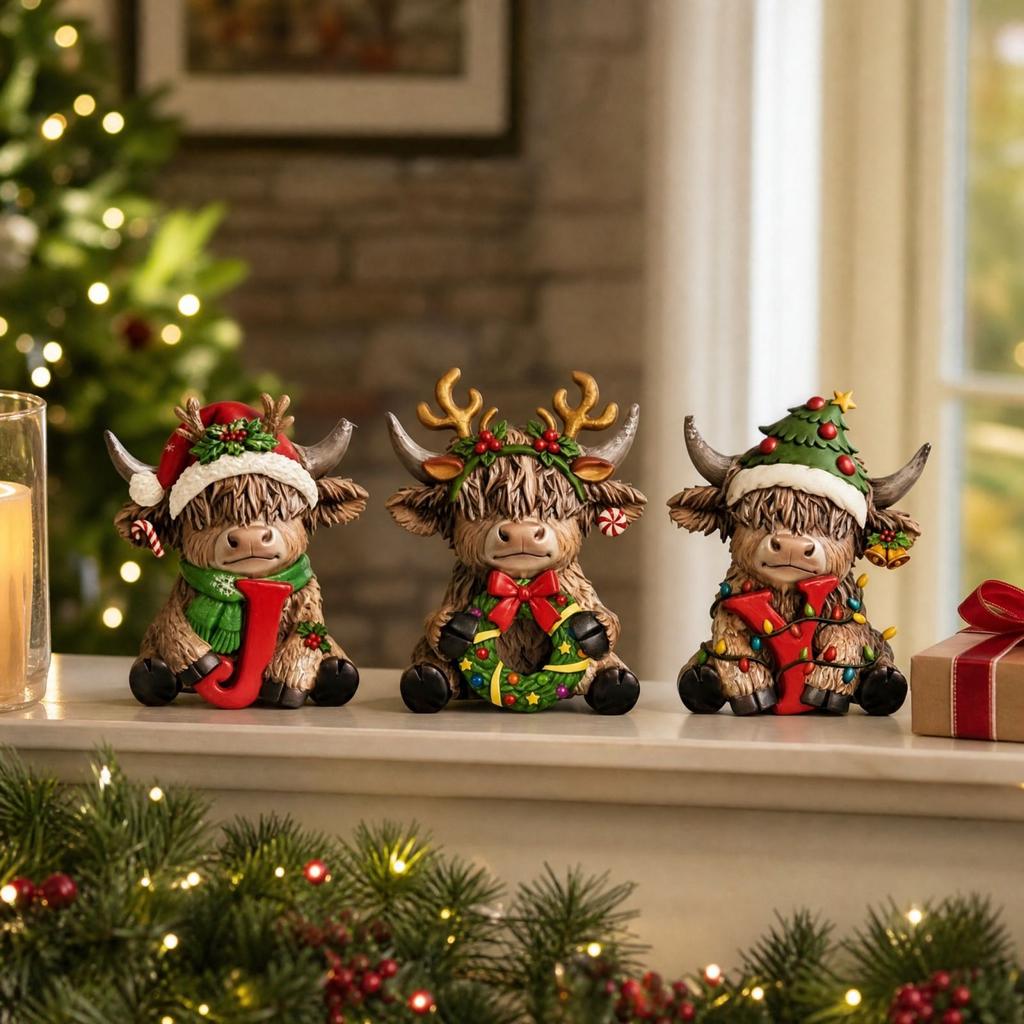Scottish Cow Figurine 3-Piece Set, Christmas Tabletop Decoration with Design
