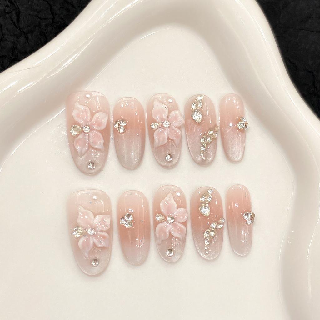 10Pcs Handmade Aurora Press On Nails Long Almond Shape Floral Design Full Cover False Nail Tips For Women