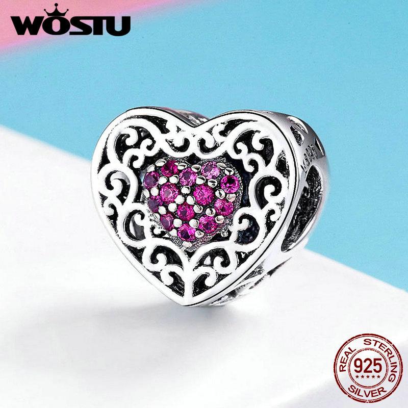 WOSTU European Love 925 Sterling Silver Heart Charms CZ Bead Fit Original Bracelet Pendant Charm Silver 925 Jewelry Gift CQC1109