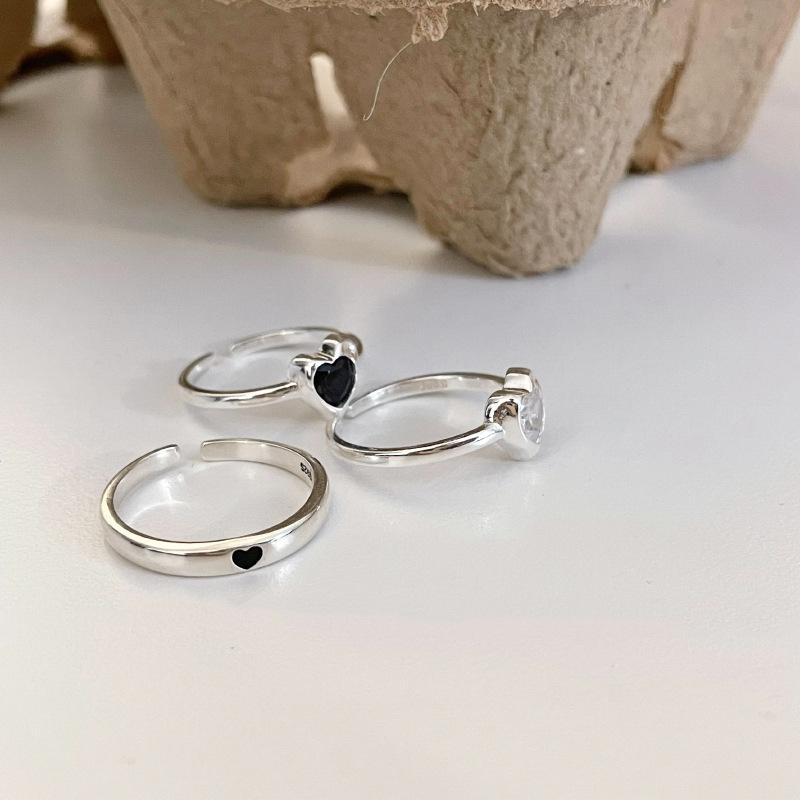 BFCLUB  Silver Color Black Heart Ring For Women Fine Jewelry Finger Adjustable Open Vintage Ring For Party Birthday Gift