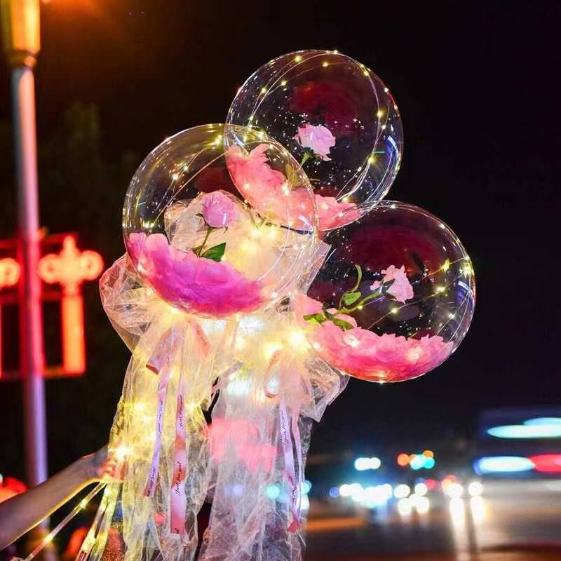 LED Luminous Balloon Rose Bouquet Transparent Bobo Ball Rose Valentines Day Gift Birthday Party Wedding Decoration Balloons