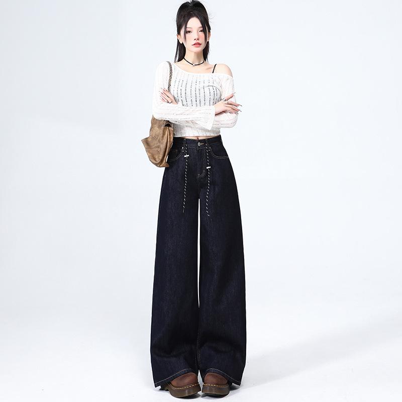 Design lace-up high-waisted wide-leg jeans women's autumn new loose and thin straight floor pants
