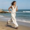 Summer 2 Piece Linen Sets for Women, V Neck Sleeveless Tank Top And Wide Leg Pants Matching Sets, Color Block Lounge Outfits with Pockets
