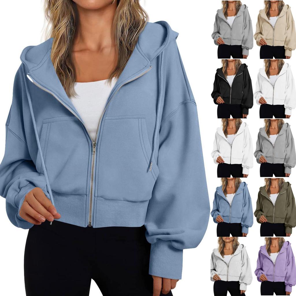 Women's Fashion Winter Long Sleeve Hooded Zipper Solid Color Loose Hooded Jacket