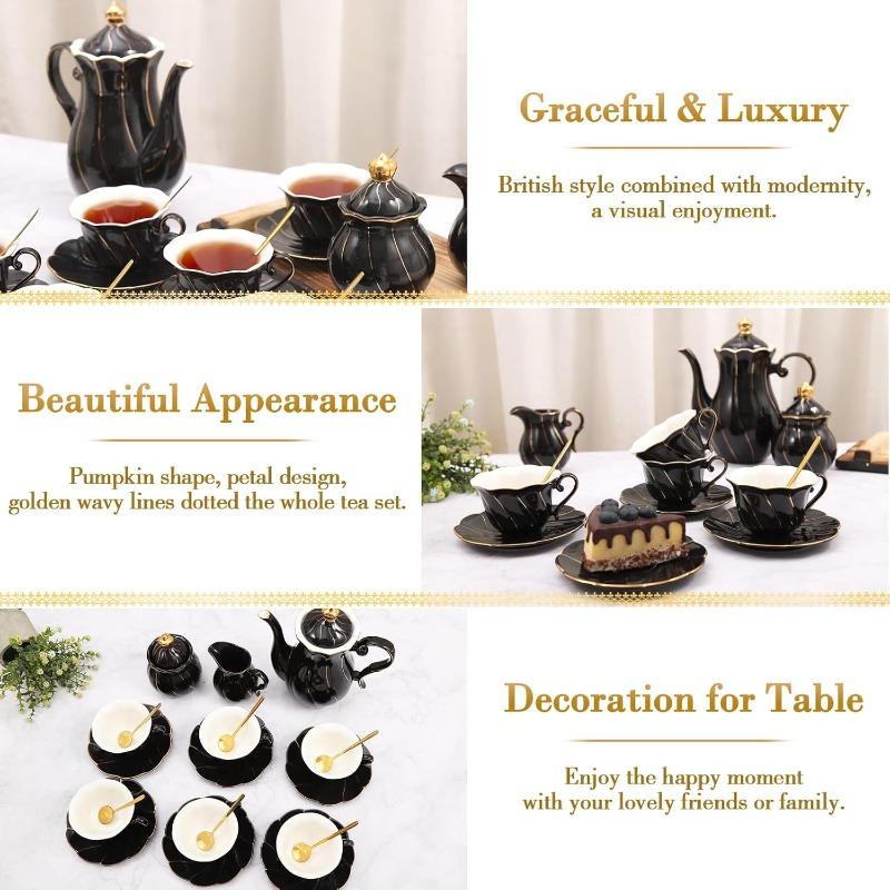 22 Pcs Porcelain Tea Set for 6, Luxury British Style Tea/Coffee Cup Set with Golden Trim, Beautiful Tea Set for Women, Tea Party