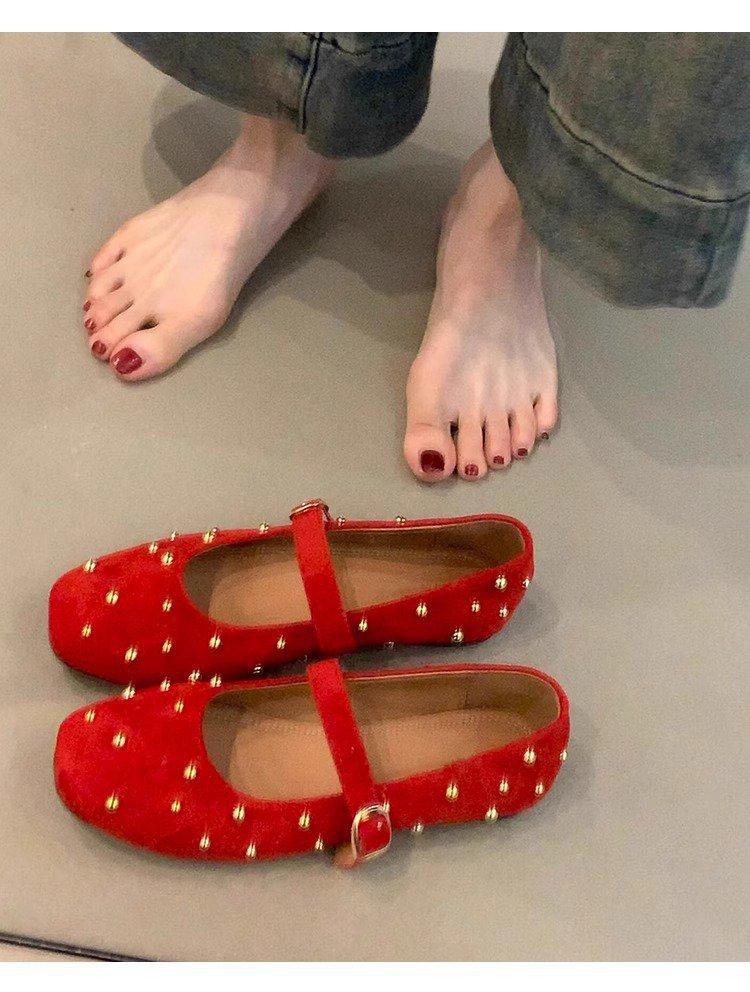 Weiche Lederversion~ Mary Jane Schuhe mit eckiger Spitze im Feenwindstil, Damen flachmündig mit Ein-Wort-Schnalle, Nieteneinschuhe, sanftes Temperament, Abendschuhe