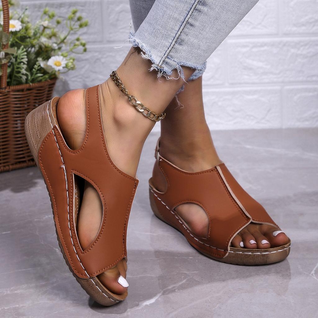 Women's Med Heels Platform Sandals Summer Peep Toe Casual Clogs Shoes Woman Pu Leather Wedges Roman Sandalias Mujer