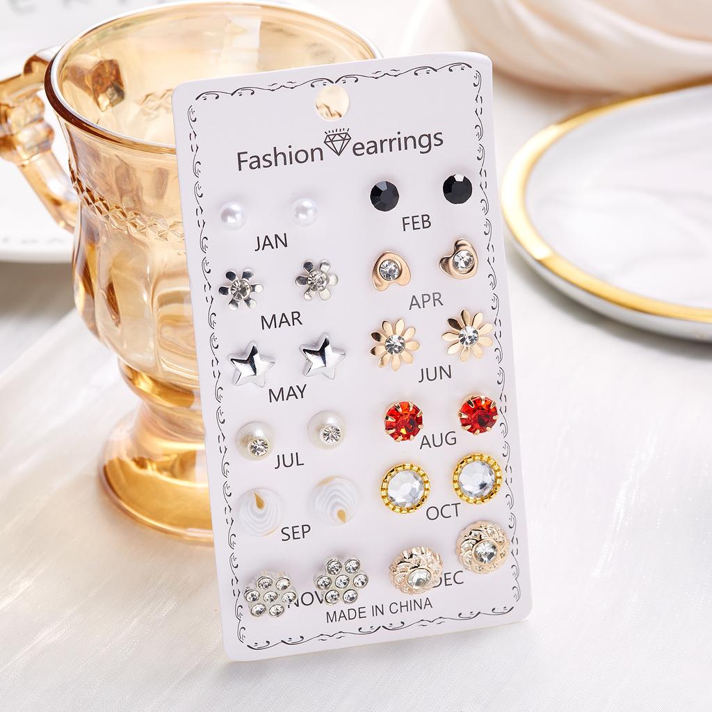 12 Pairs/set Crystal Simulated Pearl Stud Earring Sets For Women Shiny Rhinestone Flower Moon Star Metal Earring Mixed Zircon