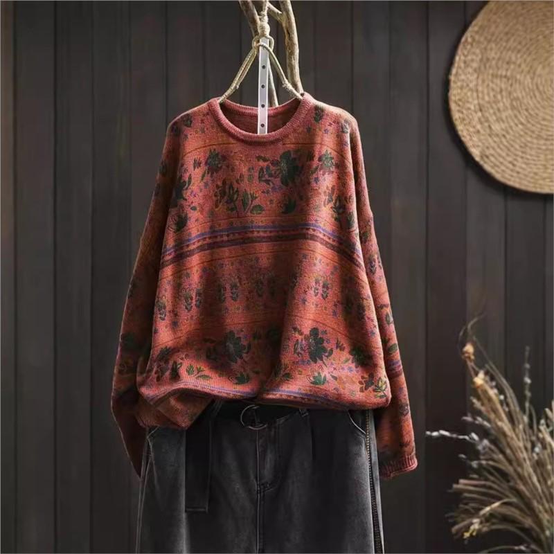 Johnature Woman Autumn Niche Vintage O-Neck Casual Loose Retro Sweater Chinese Style Long Sleeves Print Sweater