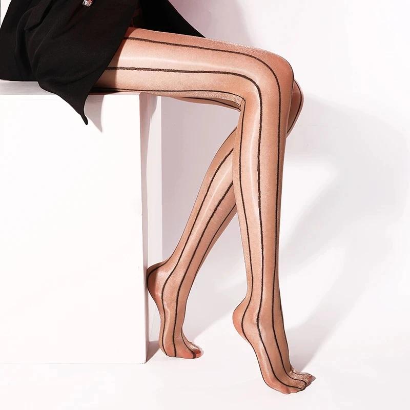 Sexy Women Flash Shiny Silky Pantyhose Slimming Vertical Stripes Eight Lines Ultra-Thin Stockings Ol Party Dance Ootd Tights