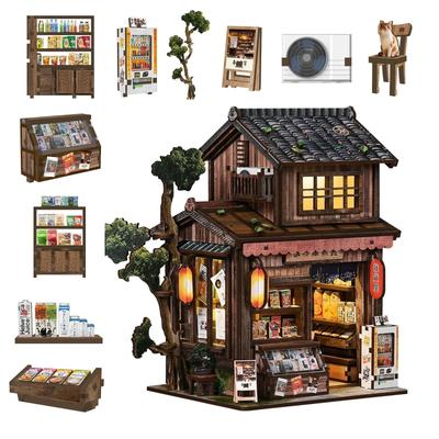 YATKJZM DIY Miniature Dollhouse Showa-Era General Store Book Nook Kit LED Light Japanese Retro Alleyway Wooden Craft Set Easy Assembly