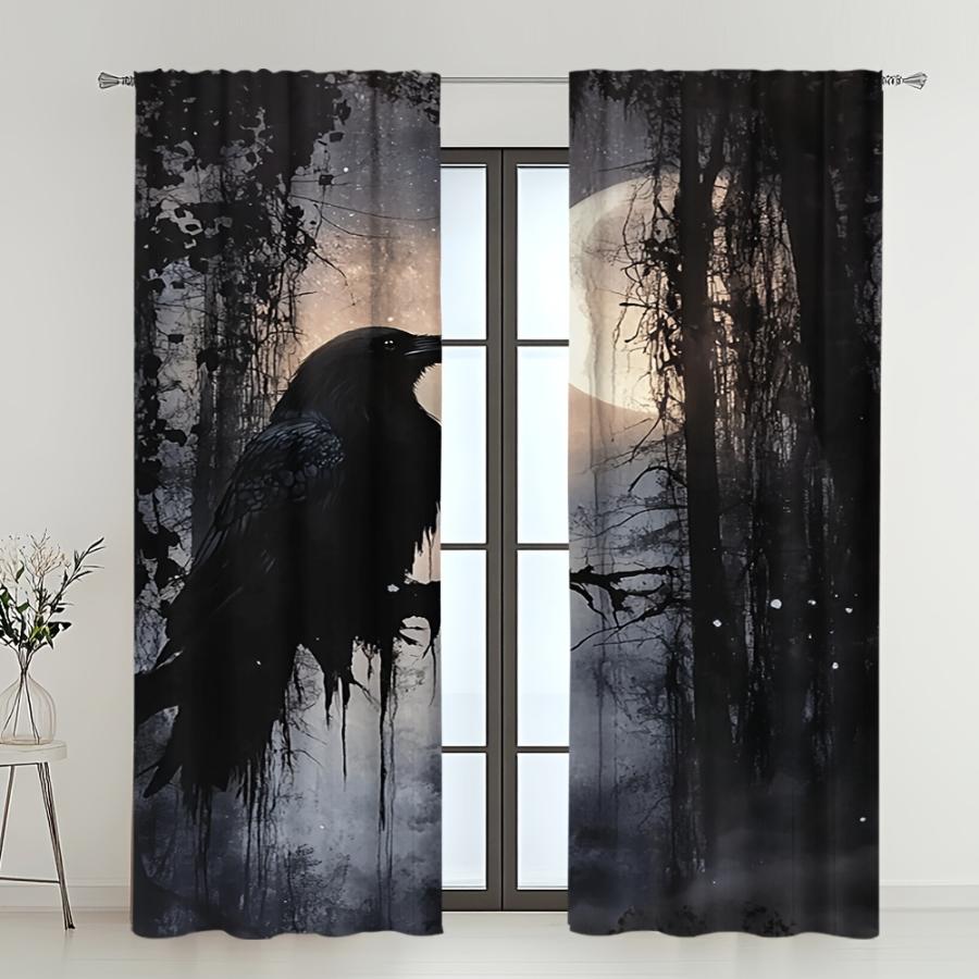 2PCS Digital Printed Curtains, Ink Wash Crow on Branch Moon Misty Forest, Dark Artistic Gothic Woodland Window Decor Bedroom