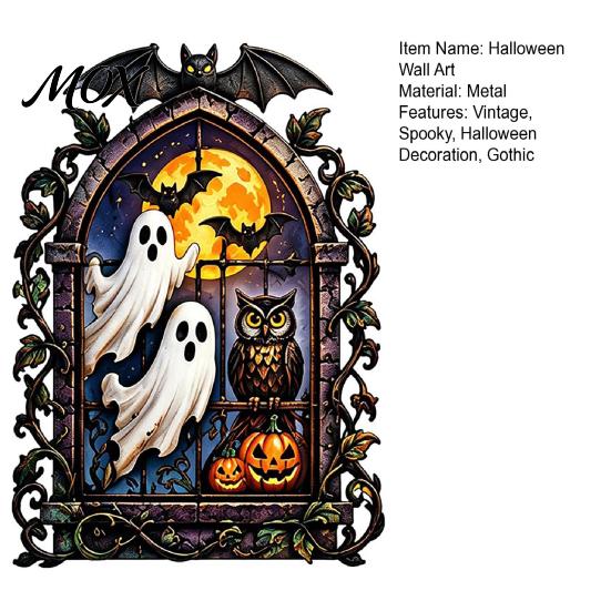 Personalized Holiday Ornaments Gothic Ghost Metal Wall Art, Vintage Bat Pumpkin Owl Spooky Entrance Decorations Hanging Sign for Living Room