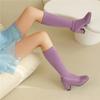 FOREADA Women Knee High Long Boots Round Toe Block High Heels Stretch Gogo Boots Ladies Fashion Shoes Autumn Winter Purple 43