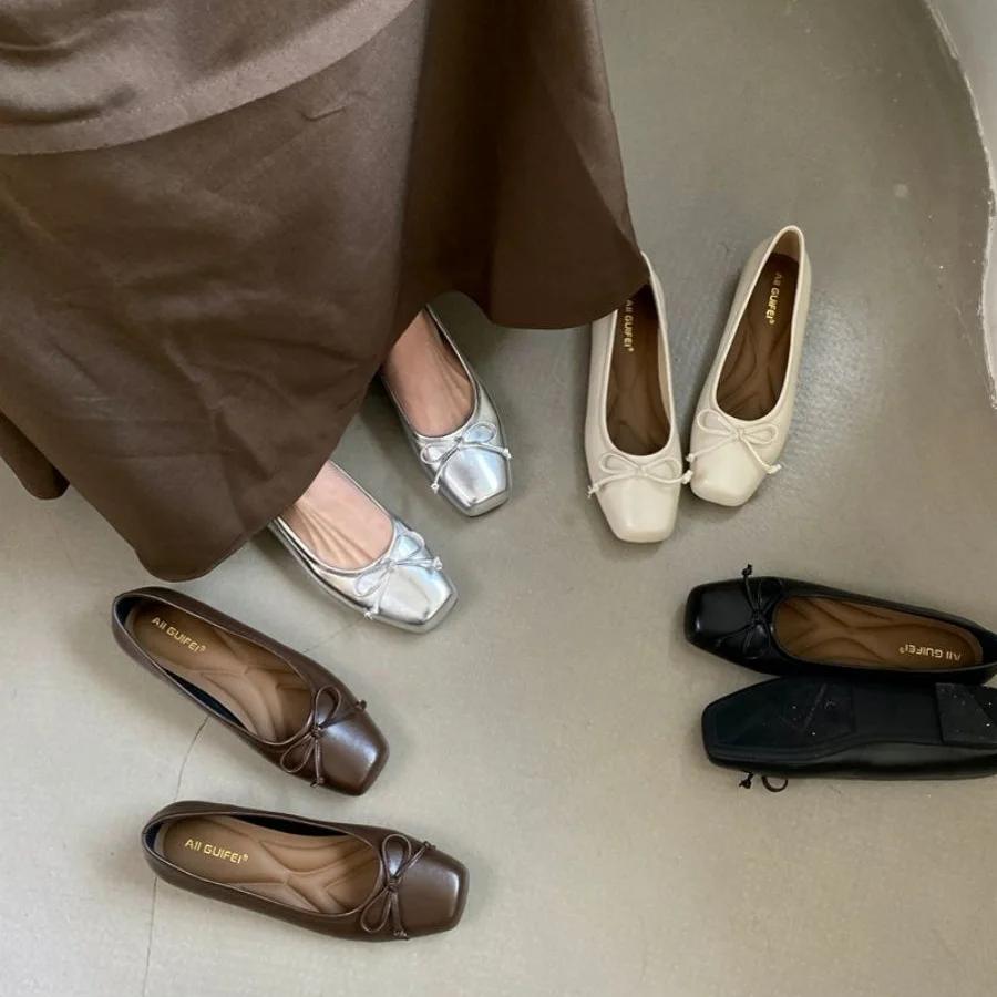 Fashion Women Bow Square Toe Soft Sole Single Shoes Comfort Slip On Soft Sole Flats Shoes Ladies Silver Round Toe Ballet Dress Loafers