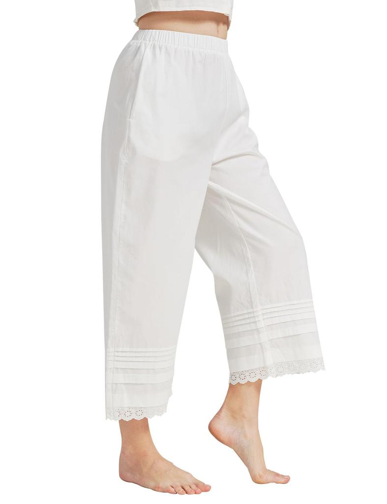 BEAUTELICATE with Lace Size M Pettipants, 100% Cotton, Long, Pockets, Embroidery, Anti-See-Through, Anti-Static, Layering, Loungewear, Sleepwear,