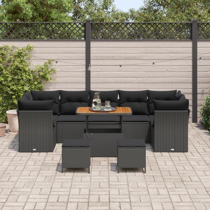 Ensemble de Canapé de Jardin de 10 Pièces avec Coussins Noir Poly Rattan Acacia, Ensemble de Salle à Manger de Jardin de 3 3361469