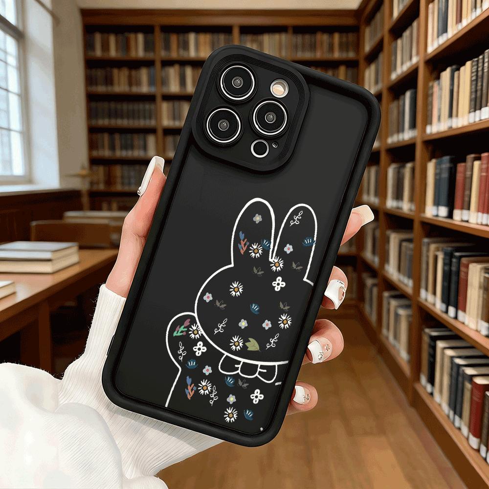 Floral Filled Bunny Outline Soft TPU Phone Case for iPhone 17 16 15 14 13 12 11 Pro Max Plus Shockproof Anti-Slip Cover