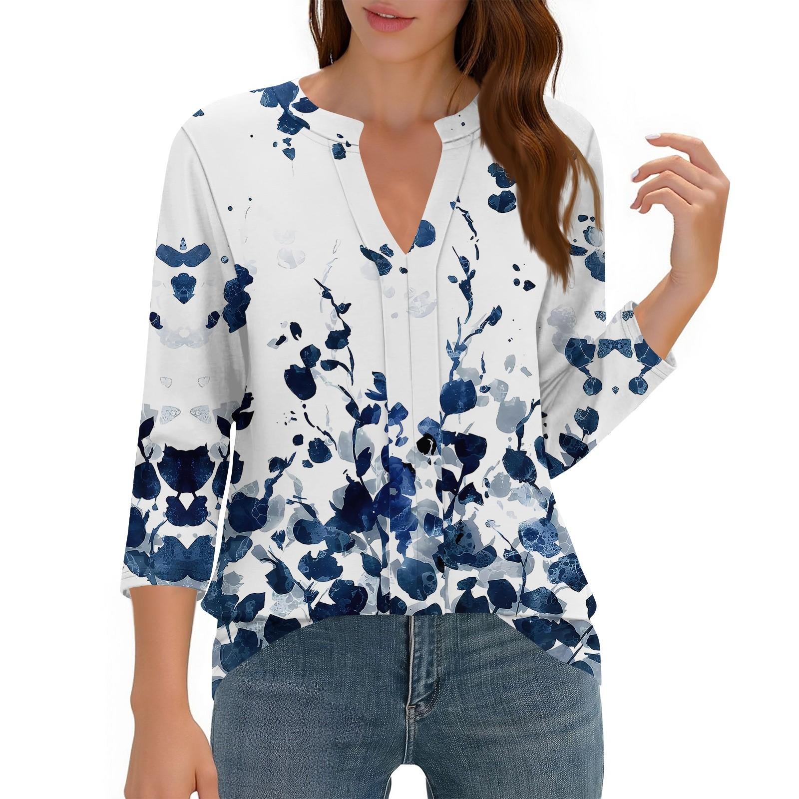 

Women s Tops Casual Three-quarter Sleeve V-Neck Printed Pleated Loose Top XXL синий