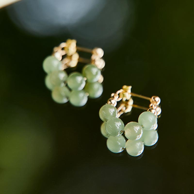 Natural Hetian Jade Green Dangle Earrings - New Chinese Style Studs for Women, National Style Qingyu Design