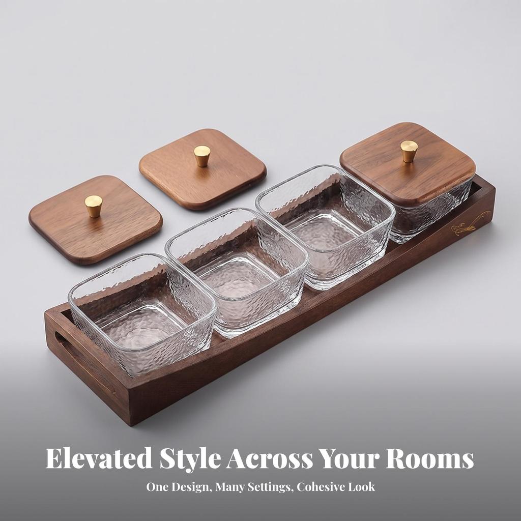 Wood Snack Tray with Glass Bowls Wooden Serving Dishes Appetizer