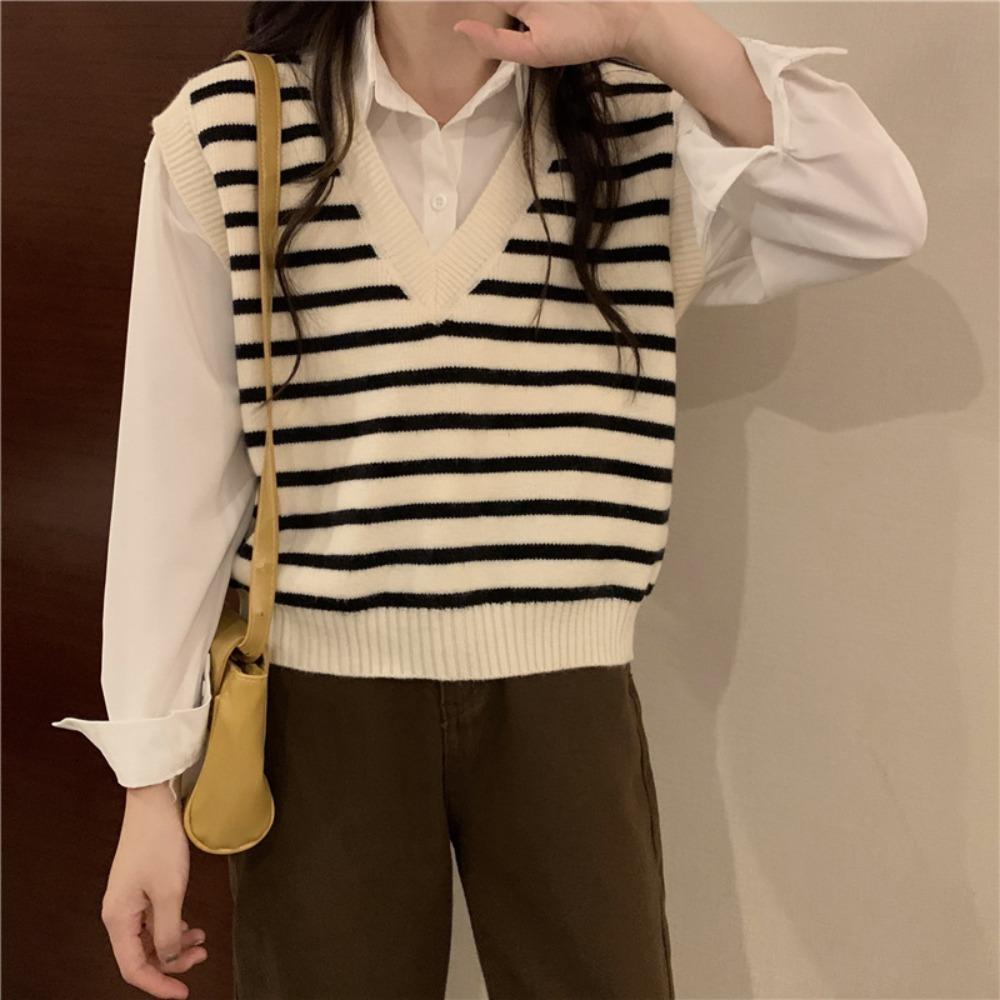 Pullover Stripe Knitted Jumpers Sleeveless Stripe Sweater Vest Vintage Lady