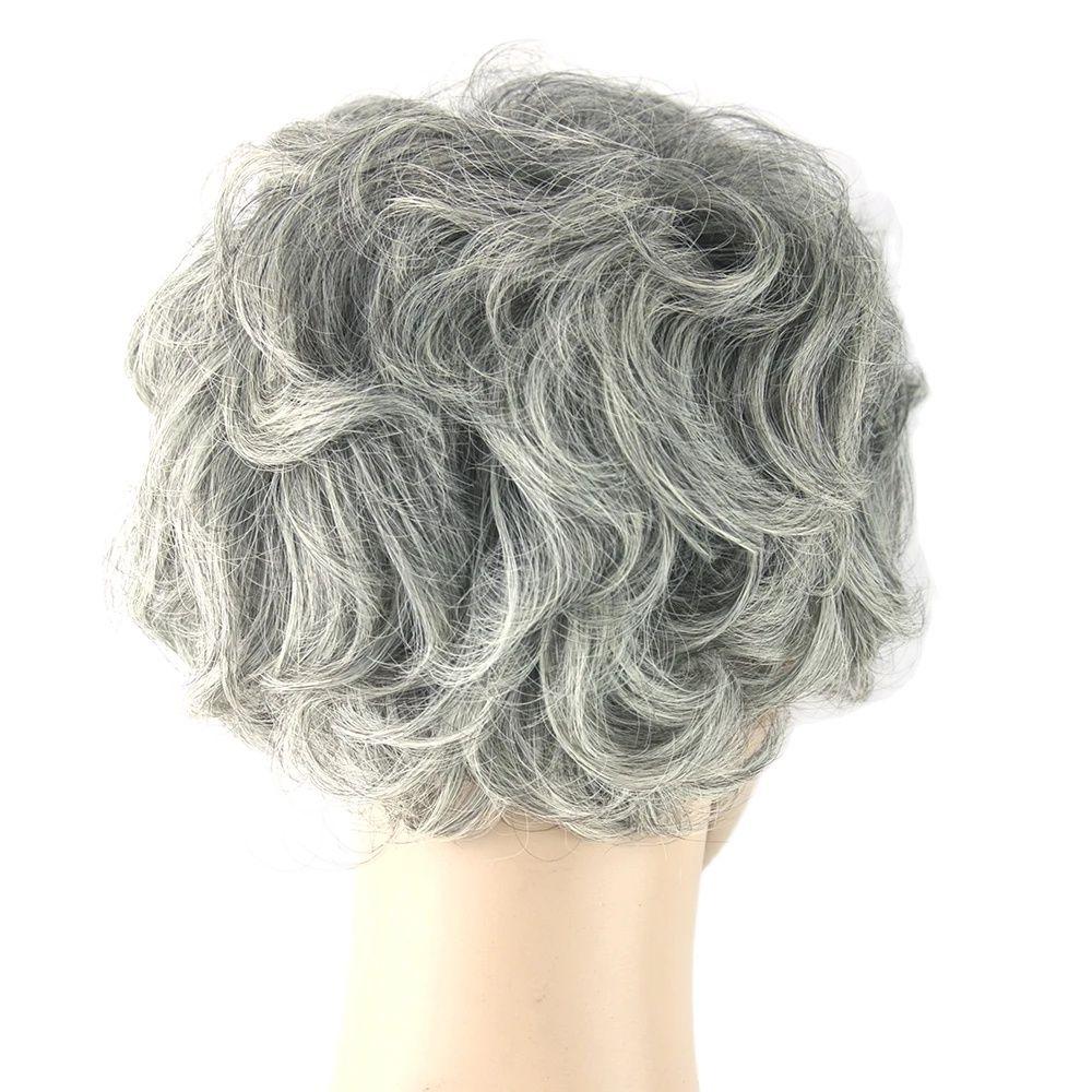 Graue Haare, kurze Perücke für Damen, Schwarz, Mix aus weißem Kunsthaar, hitzebeständiges Haar, lockige graue Perücken