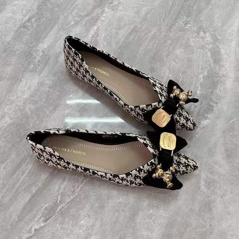 Single Shoes Women's 2025 Spring and Summer New Versatile Pointed Flat-soled Ladyshoes Thousand Bird Grid Bow Shallow Mouth Temperament Soft Sole