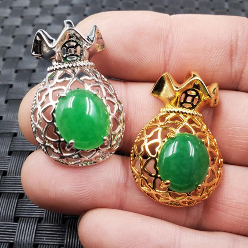 Emerald Green Jade Coin Purse Pendant Necklace - s925 Bright Jade Jewelry Gold Version 22x34mm