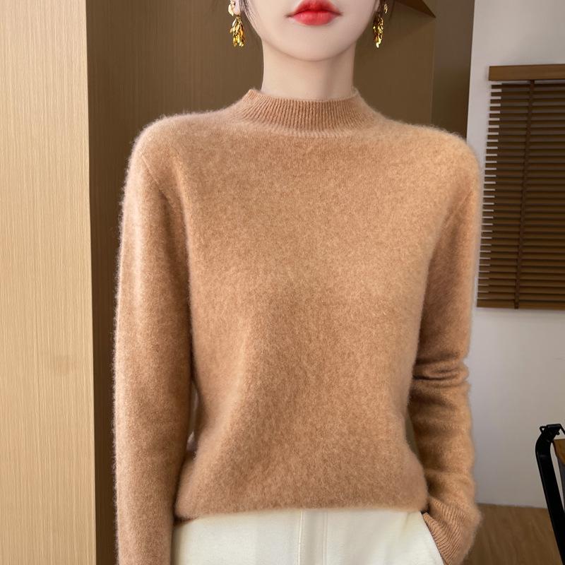 Women's Soft Pure Wool Sweater - Half-High Neck, Slimming, Fashionable, Skin-Friendly Knit