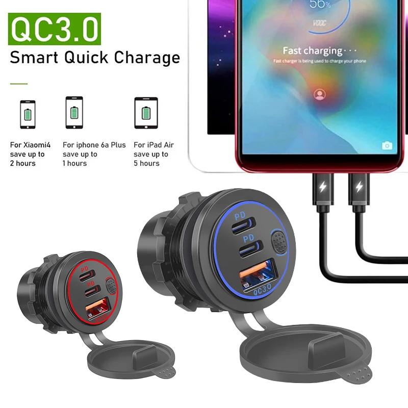 USB C Car Charger Socket 12V USB Outlet 58W RV USB Outlet Dual PD USB-C QC3.0 Car USB Port with Button Switch for Car RV Boat