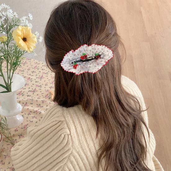 Hair Pin Strong Clamping Force Transparent Mesh Lace Clip with Cherry Decoration Half-Tied Hair Buns Side Hair Accessory