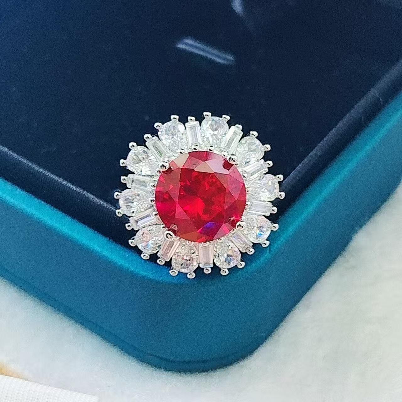 Women s Fashion Pigeon Blood Ruby Open Ring with Full Diamond Flower Design Adjustable