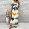 Women Plus Size V Neck Short Sleeve Printed Blue Straight Maxi Dress