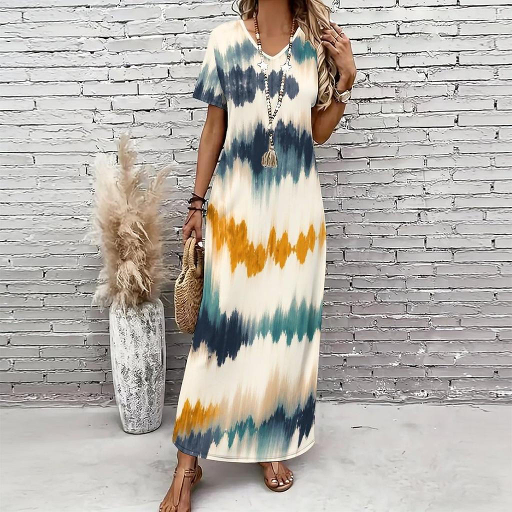 Women Plus Size V Neck Short Sleeve Printed Blue Straight Maxi Dress