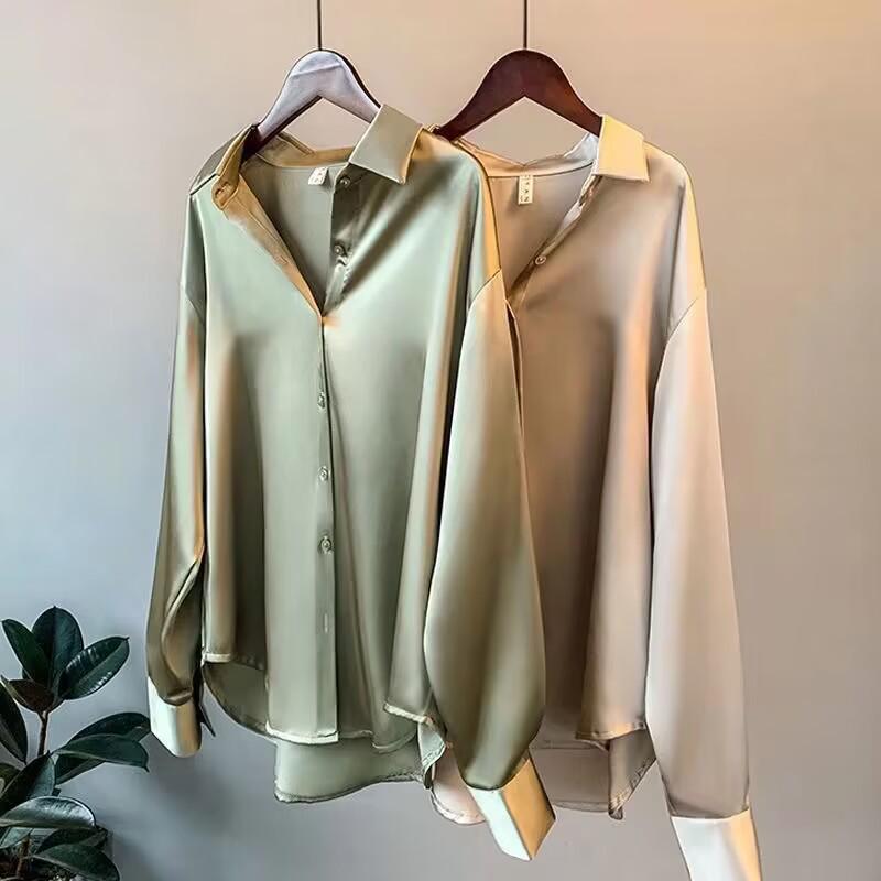 Women's Retro Hong Kong Style Satin Blouse - Long Sleeve, All-Match Drape, Niche Design for Spring & Autumn 2022