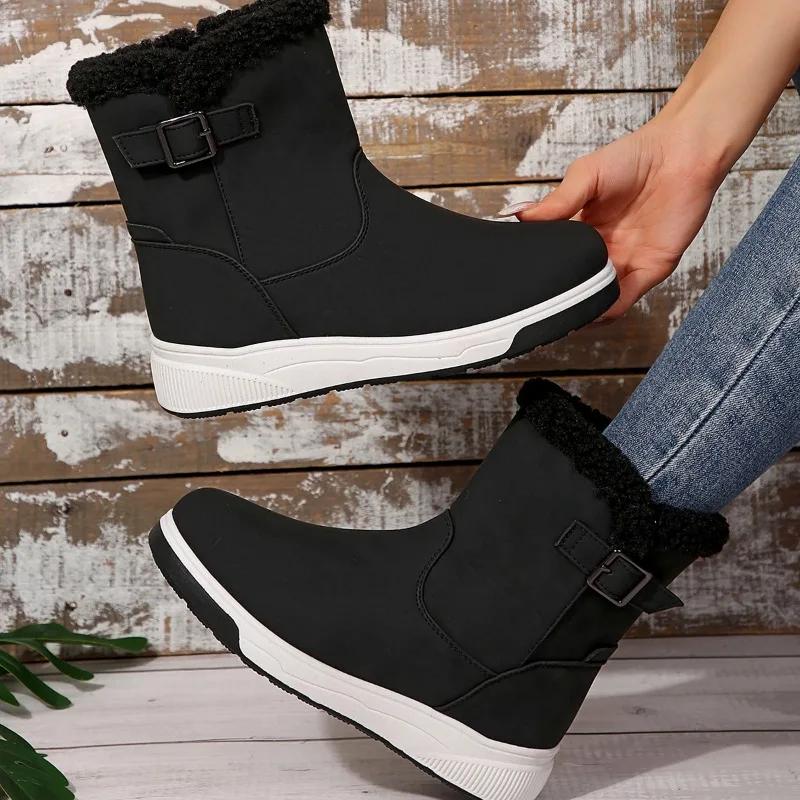 Fashion Winter New Snow Boots 2024 Mid-Calf Women's BootsModern Boots Women Buckle Round Toe Platform Flat with Side Zip Shoes Women