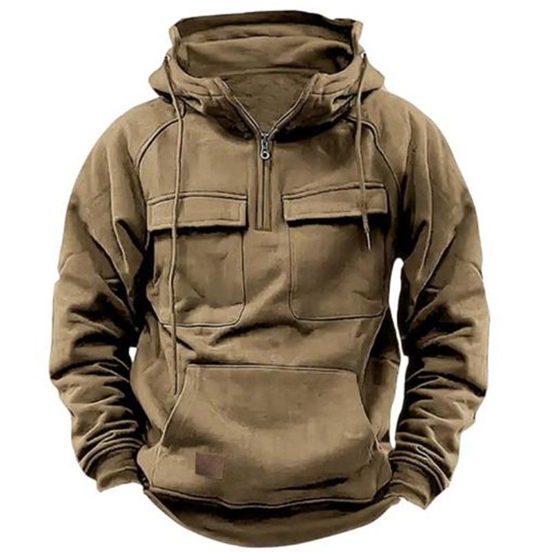 Autumn Winter Hoodies Men Half-zip Patchwork Warm Sweatshirts Multi Pockets Male Casual Pullover Outdoor Hoodie