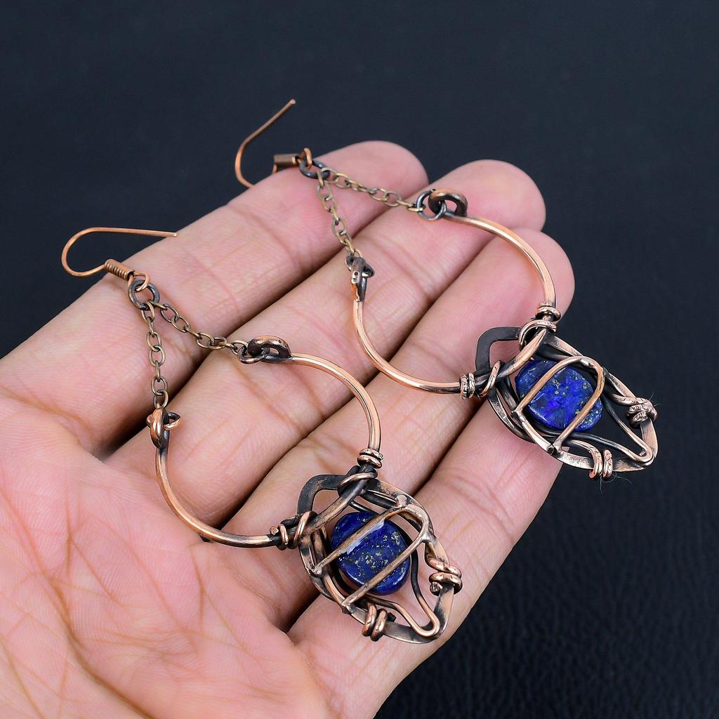 Lapis Lazuli 999 Copper Wire Wrapped Earrings, Handmade Gemstone Earrings Jewelry, Gifts For Wife Brand New Earrings