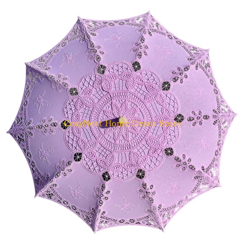 92MF Decorative Handmade Lace Umbrella Wooden Handle Sun Shade For Women Girls Special