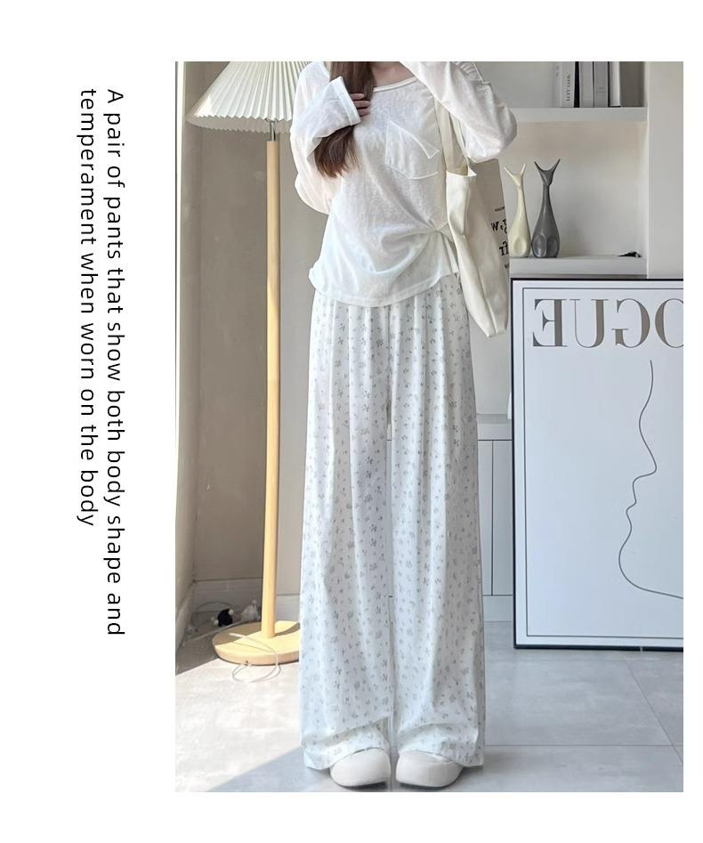 Women's Summer Floral Wide-Leg Pants: High-Waisted, Elastic Waist, Mori Style, Petite 145-150, Casual & Loose.