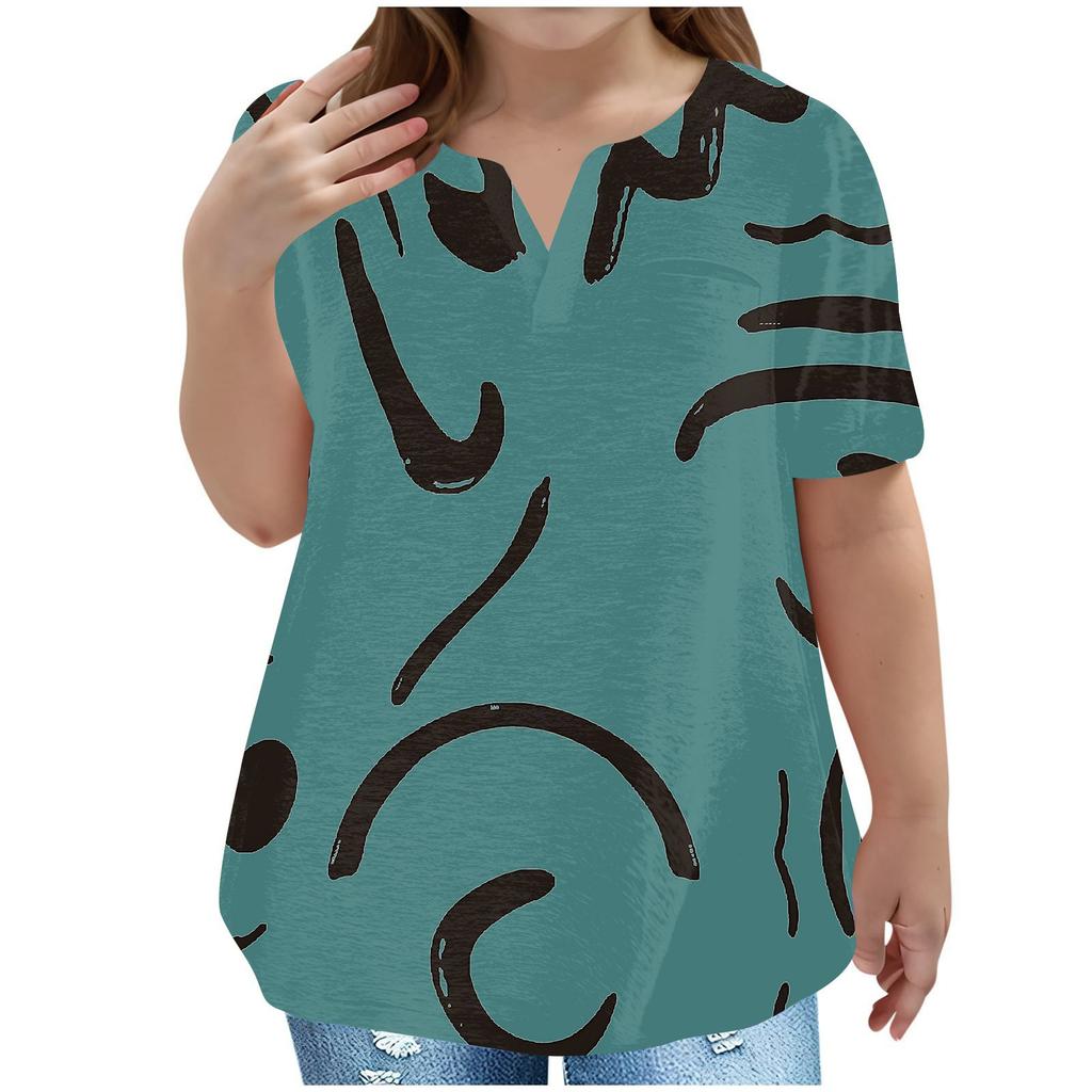 Children's Plus-size T-shirt Casual Fashion V-neck Short-sleeved Pocket Top